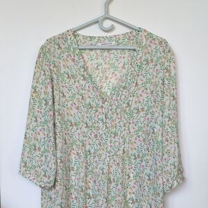 Rose & Olive Cream Floral Pintuck Peasant Blouse with Pink & Green Accents